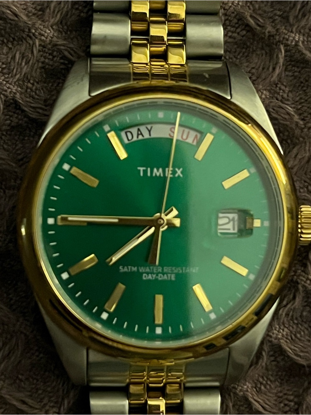 Timex Men’s Two-Tone Bracelet Watch with Green Dial and Gold Accents